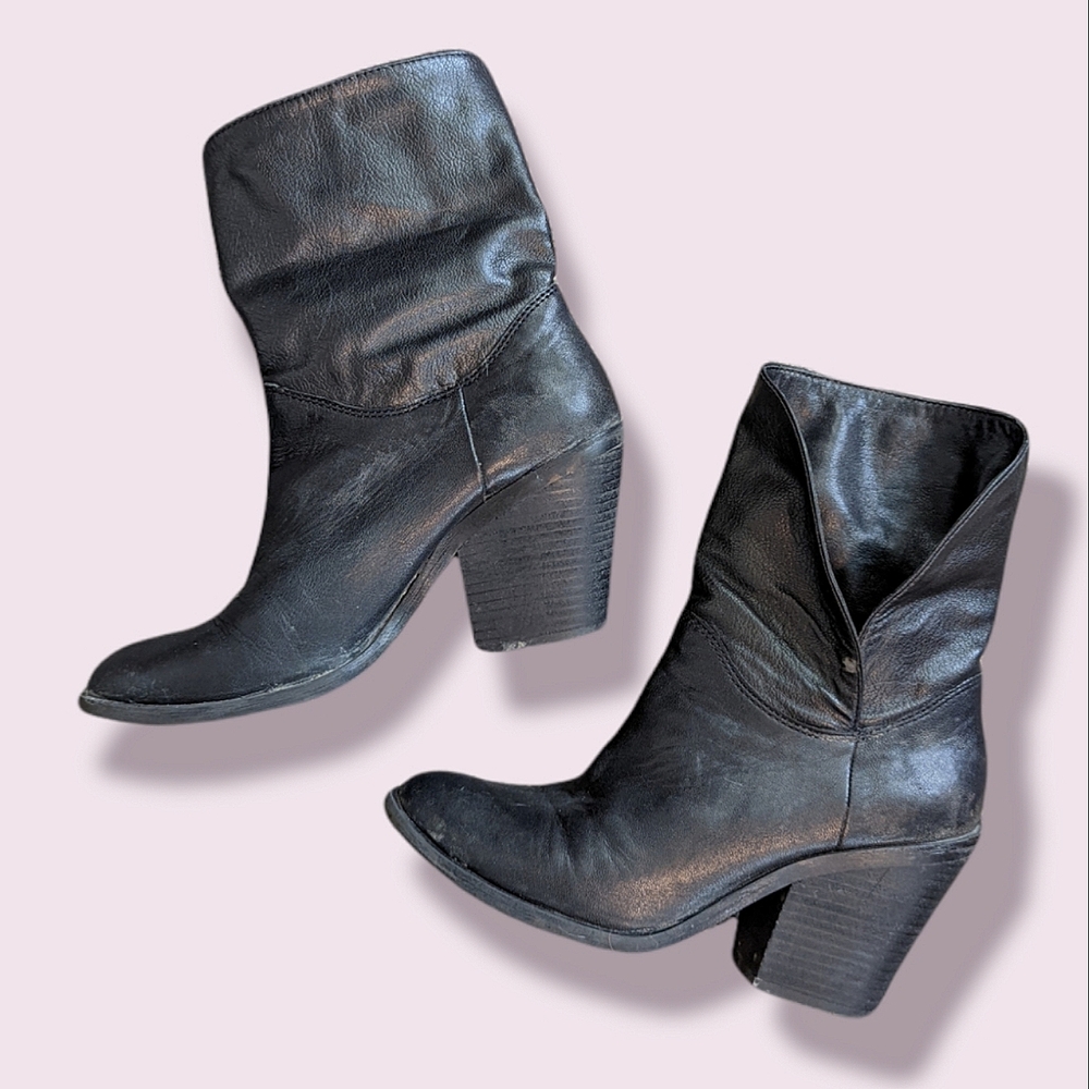 Lucky Brand Black Leather Slouchy Chunky Heel Booties Size 7/7.5